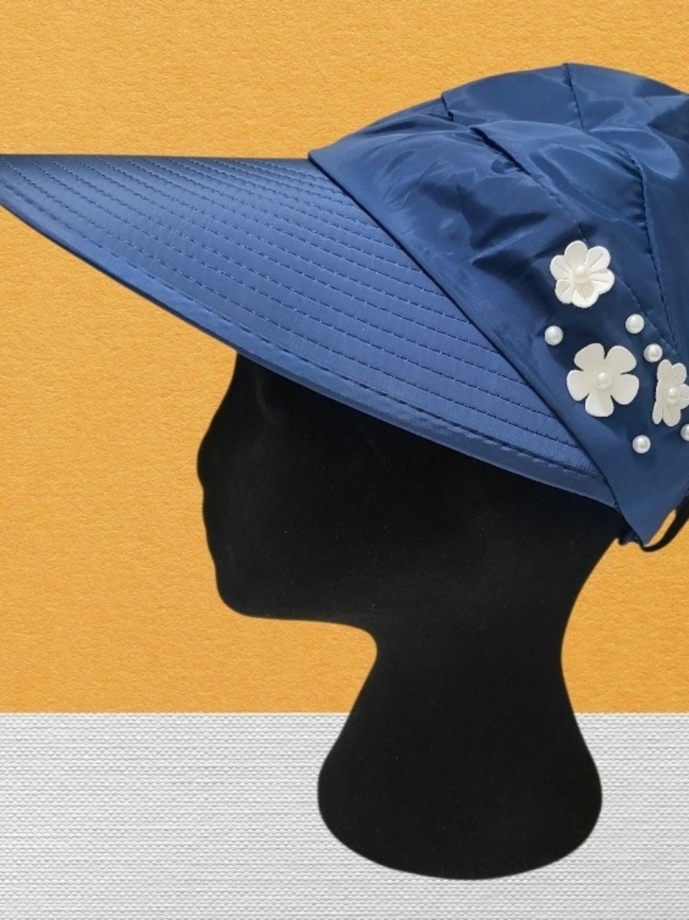 Navy Flower Accent Wide-Brim Sun Visor Hat - Women